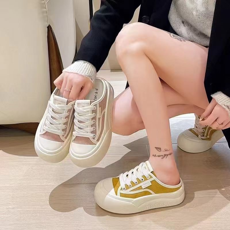 网红半拖鞋女夏2025新款韩版学生平底I包头凉拖时尚外穿厚底小白