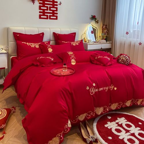 喜庆婚庆四件套纯棉被套红色床单新婚六件套结婚床上用品喜被陪嫁