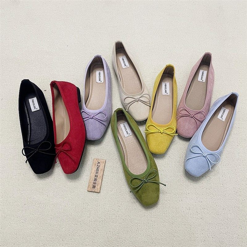 多巴胺单鞋女法兰绒小方头网红温柔平底蝴蝶结浅口平底鞋显瘦软底,女鞋,时尚芭蕾鞋,淘宝优惠券,粉丝福利购,淘宝优惠卷