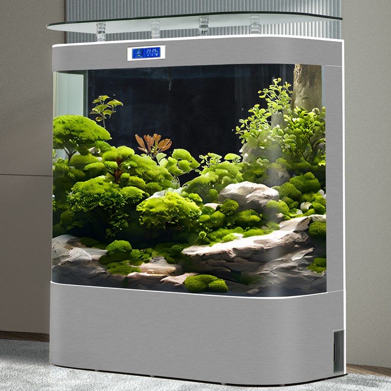 2025新款家用热弯玻璃一体成型免换水鱼缸落地式靠墙公司办公室