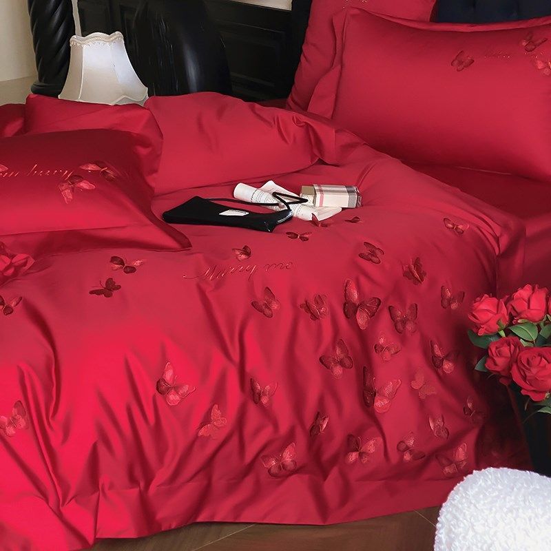 高端婚庆四件套100S长绒棉红色蝴蝶刺绣被套结婚纯棉床单床上用品