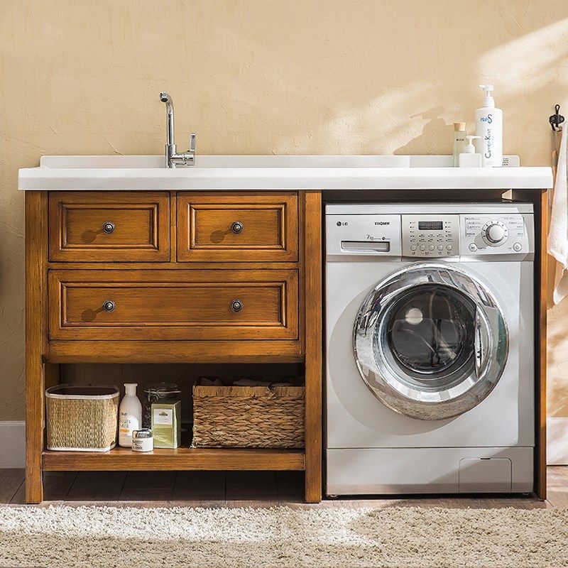 美式实木洗衣机一体柜阳台洗衣池槽伴侣柜组合脸盆切角带搓板定制,家装主材,浴室柜组合,淘宝优惠券,粉丝福利购,淘宝优惠卷