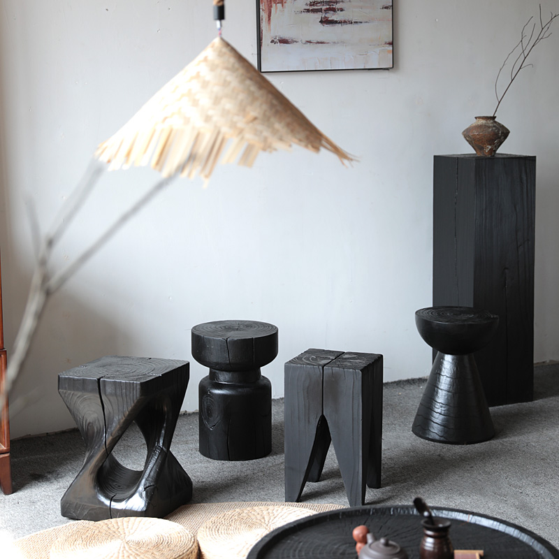 侘寂风实木墩子碳化黑色原木凳子坐凳树桩边角几民宿木桩根雕凳子
