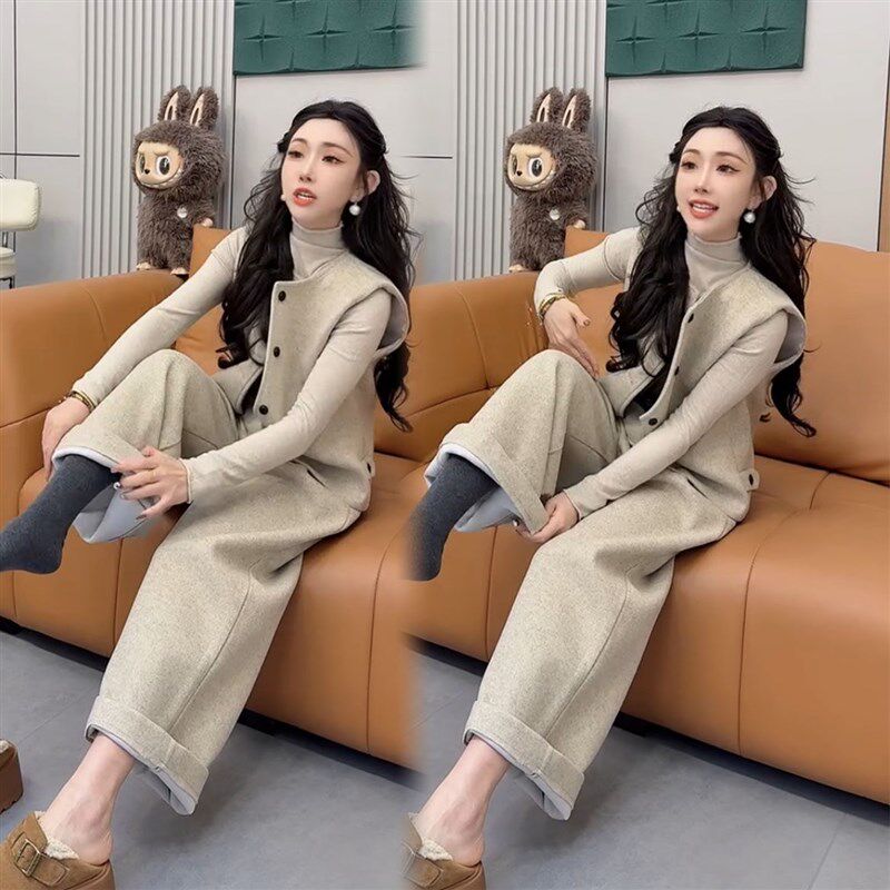2025冬季e高级感新款套装女加绒加厚半高领打底衫马甲阔腿裤三件
