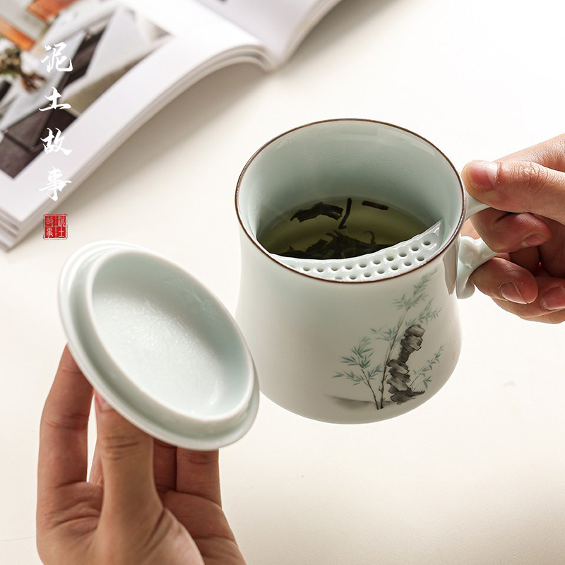 影青陶瓷月牙杯茶杯高档个人专用办公杯茶K水分离带盖水杯家用杯