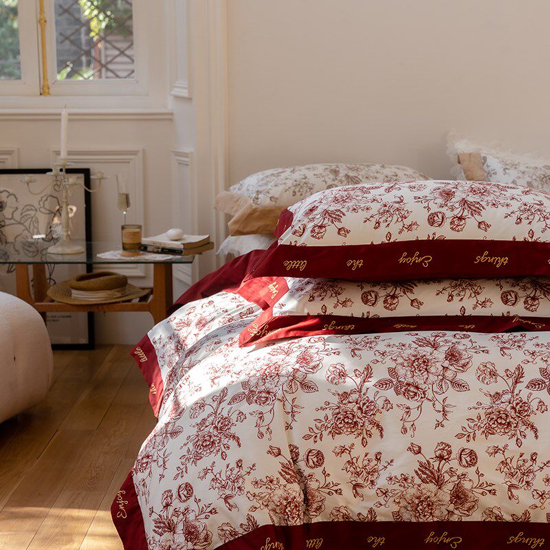 高档简约结婚四件套红色床单被套纯棉新婚庆床上用品婚房陪嫁喜被