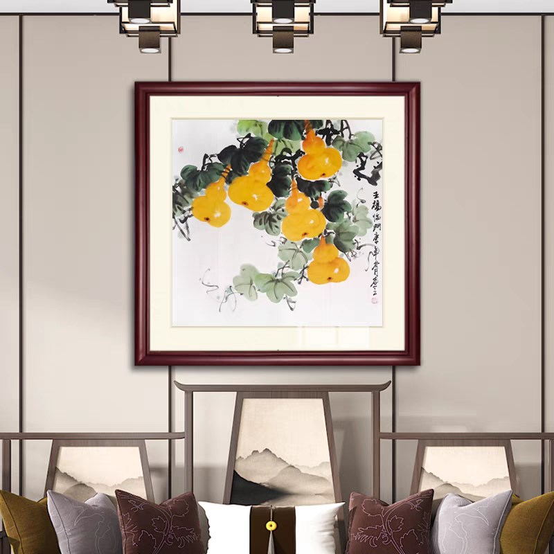 五福临门国画纯手绘中式玄关过道装饰挂画客厅饭厅竖版福禄画葫芦