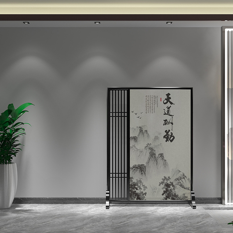 中式家用客厅餐厅酒店布艺山水画隔断屏风 入户镂空花格装饰玄关图片