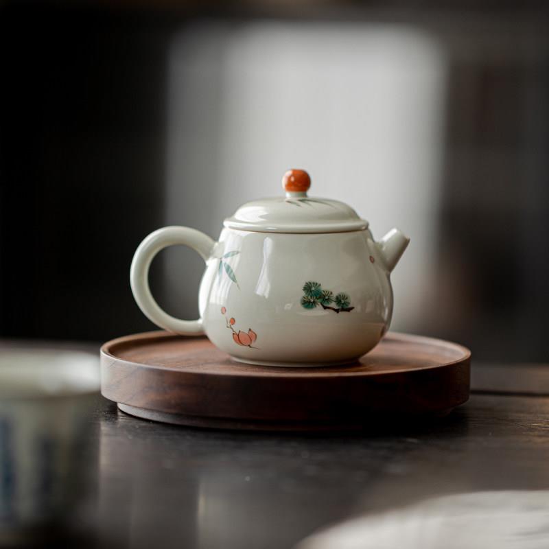 手绘瓷壶岁寒三友梅陶松竹岁寒三友过小壶梨茶型壶中式功夫茶具滤