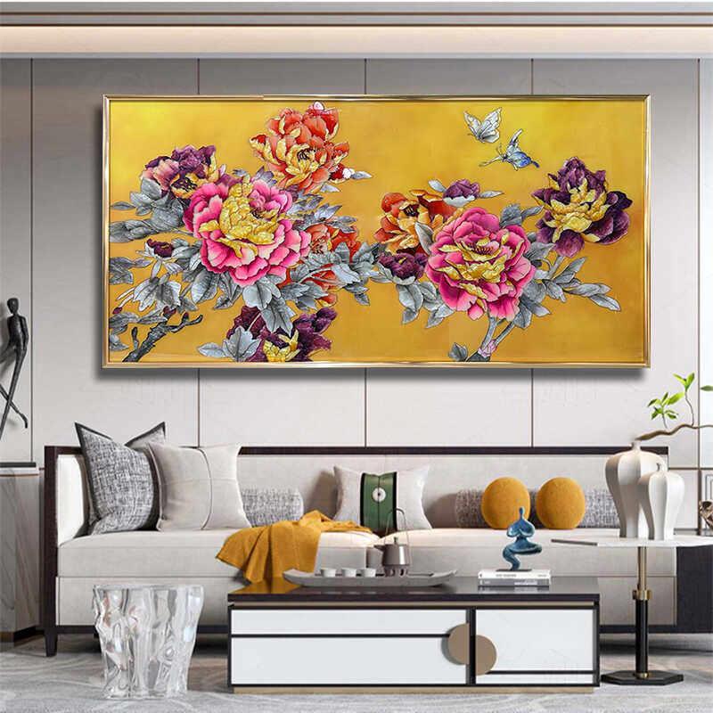 轻奢手绘牡手工珐琅彩装饰画开FLC215富贵现玄花关代中式丹沙发背
