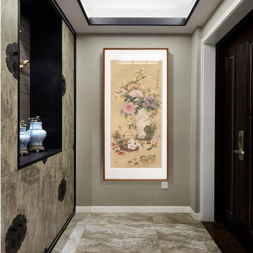 实木榫卯纸新中式入户玄关过CHQ室道卡民宿茶餐厅挂壁装饰画荷花