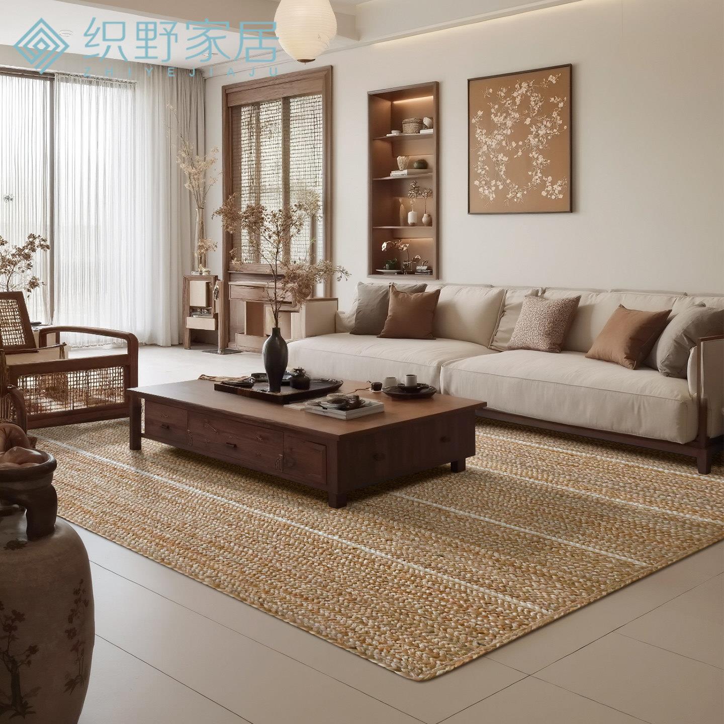 天然寂黄厅麻手工编织天然黄麻地毯客茶几卧床边民宿室无胶环保素