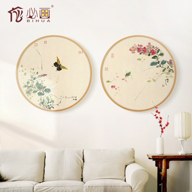 新中式装饰画 圆形酒店挂画中式鸟语花香玄关书房茶馆办公室壁画图片