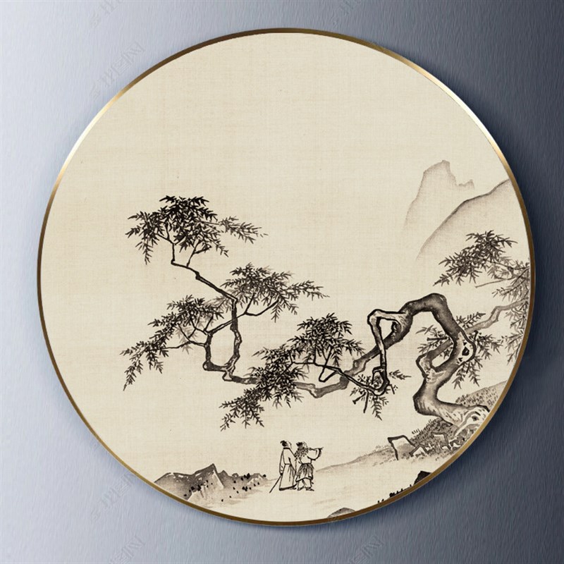 新中式圆形装饰画客厅餐厅壁画进门饭店包厢玄关走廊背景墙挂画图片