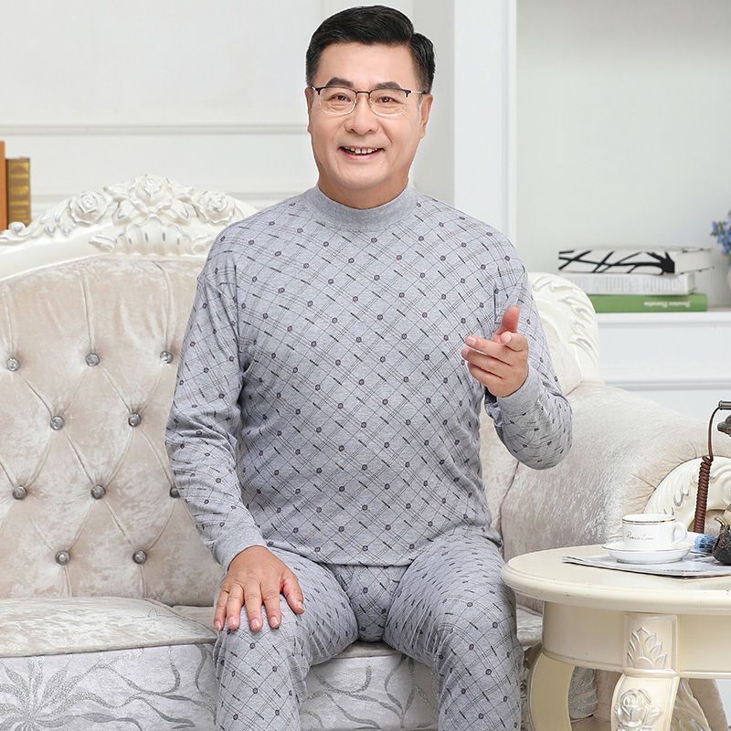 中老年秋衣秋裤男套装老人打底棉毛衫爸爸中高领保暖内衣薄款