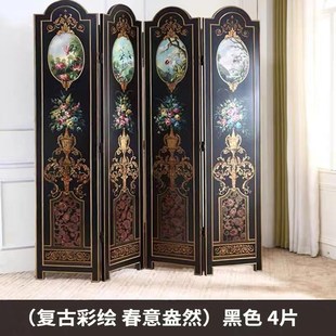 新中式 漆画 手绘花鸟折屏酒店客厅背景墙装 饰定制屏风客厅隔断美式
