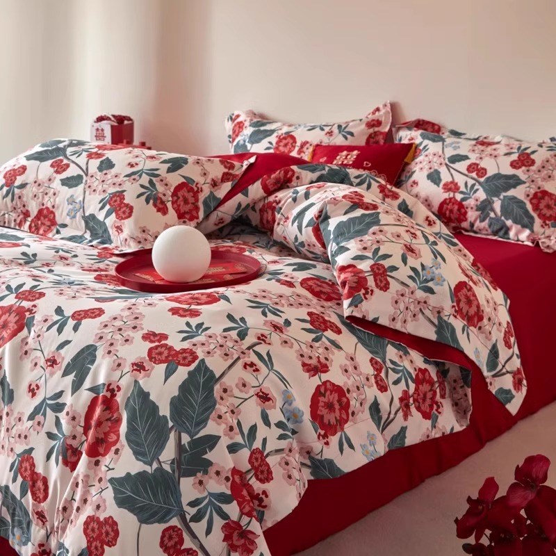 简约陪嫁结婚四件套大红色新婚床单被套婚庆床上用品婚房喜被