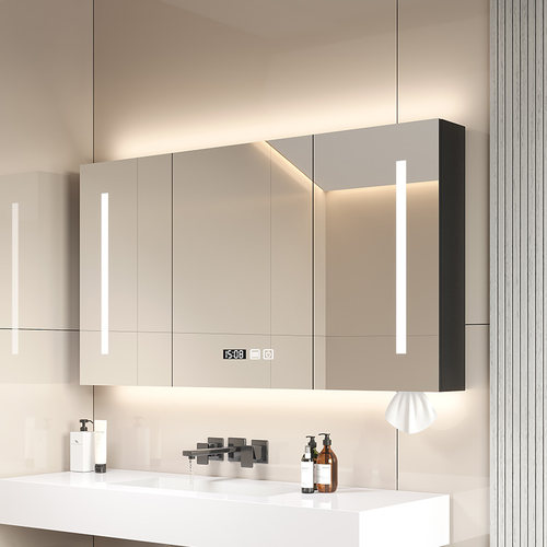 实木智能浴室镜柜l挂墙式卫生间浴室镜带灯除雾洗手间镜子带置物