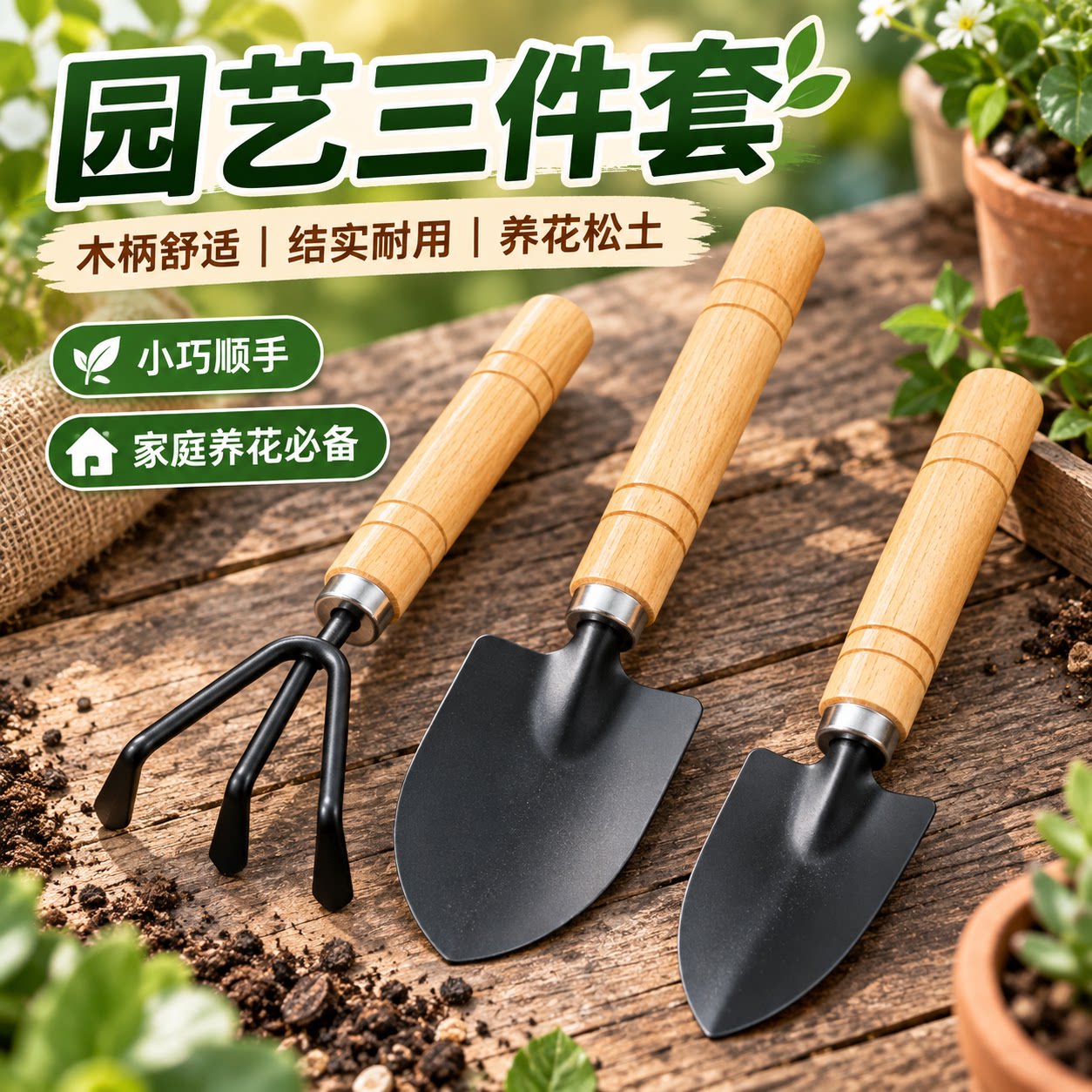园艺大三件套盆栽木质手柄室内室外轻松种花松土花卉种植木柄工具