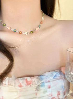 彩色小众项链女~小清新雏菊花朵手链颈链ins风撞色设计锁骨链配饰