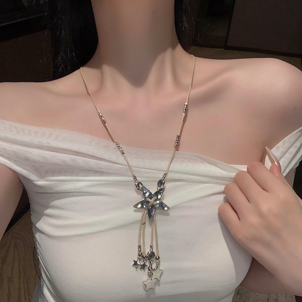 甜酷复古银色星星流苏长款项链女小众设计个性毛衣链做旧挂脖配饰