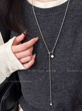 韩系银色方糖吊坠毛衣链女款