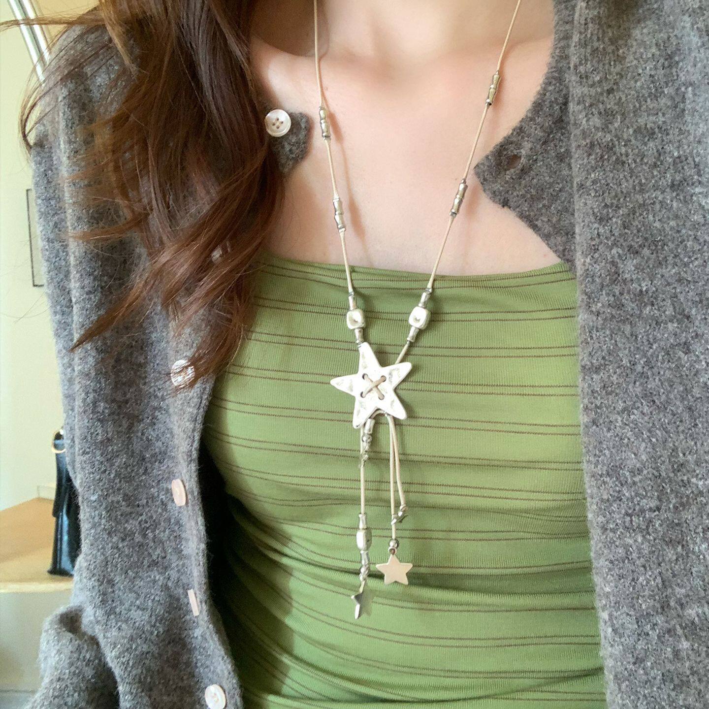 甜酷复古银色星星流苏长款项链女小众设计个性毛衣链做旧挂脖配饰