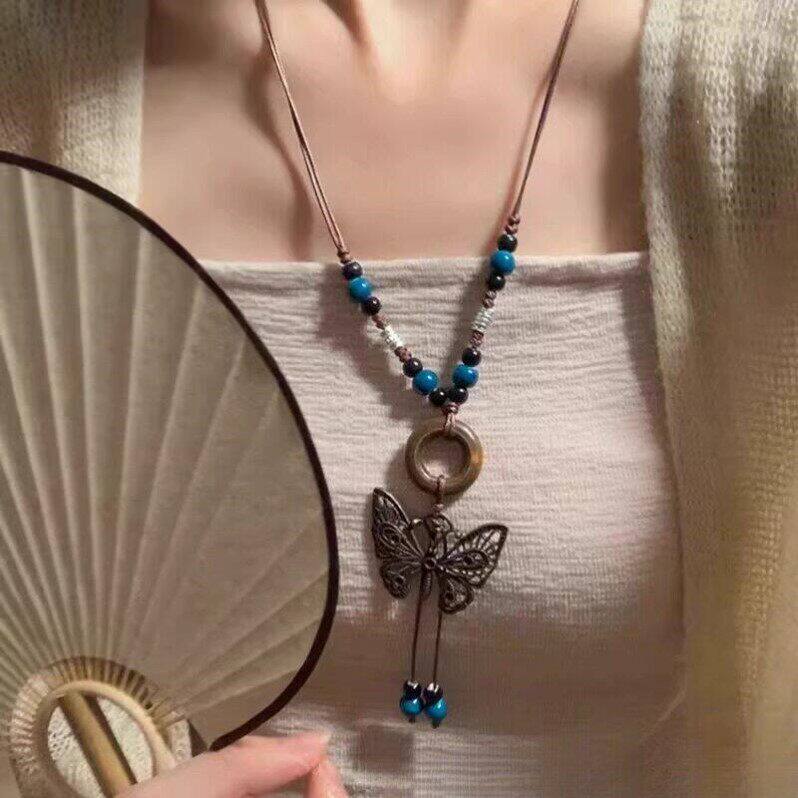 波西米亚复古蝴蝶长款项链女款2026新款民族风挂绳毛衣链配饰装饰