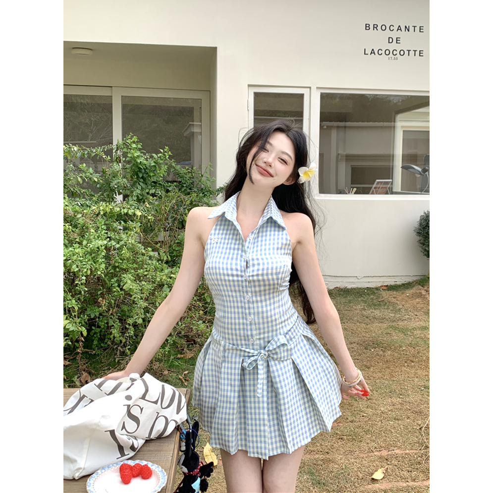 实拍实价~甜美减龄格子挂脖背心裙女2025新款法式内搭无袖连衣裙