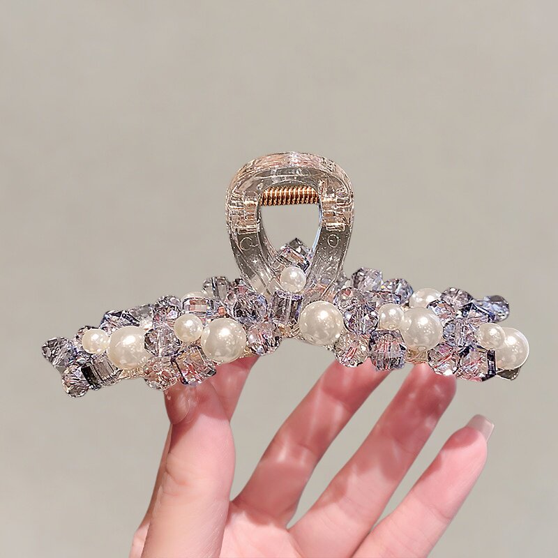 轻奢纯手工串线珍珠水晶抓夹女后脑勺盘发闪钻大号鲨鱼夹头饰发夹