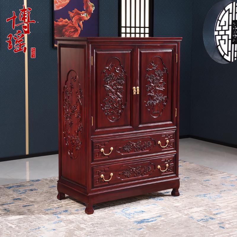 博瑶复古全香樟木柜子箱子雕花实木衣柜收纳储物橱五六斗柜抽屉柜
