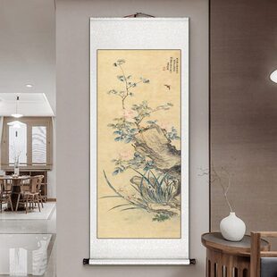 蒋溥兰石图卷轴挂画梨花竹子花鸟国画新中式客厅书房茶室玄关壁画