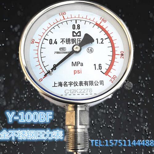全不锈钢压力表Y100BF1.6MPa防腐蚀304材质蒸汽锅炉表高温水油压