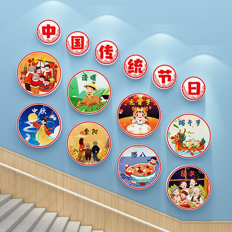 中国传统节日幼儿园楼梯墙面装饰教室走廊布置环创主题文化墙成品