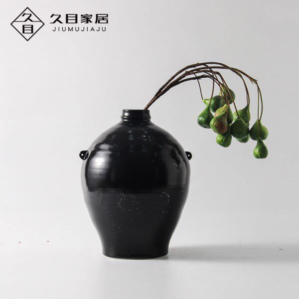 新中式样板间黑色陶瓷花瓶创意大肚小口干花器客厅玄关装饰品摆件
