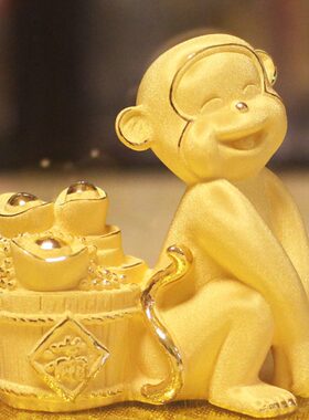 生肖绒沙金猴如意摆件猴年贺岁工艺品聚宝盆家居装饰品办公室摆设
