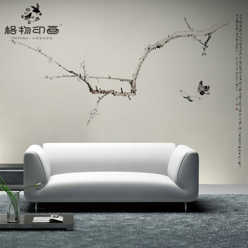 新中式禅意梅花电视w背景墙水墨写意花鸟壁纸