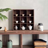 敲云新中式 实木多宝格咖啡杯茶器具收纳博古架黑胡桃木挂墙展示柜