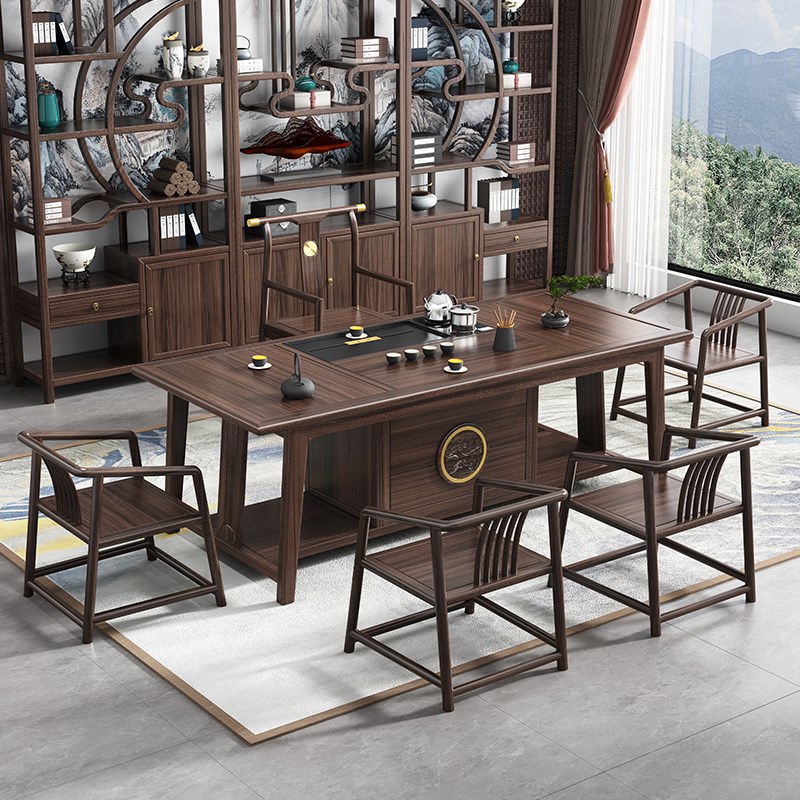 新中式乌金木茶桌椅组合一桌五椅全实木O茶台家用办公湿泡台