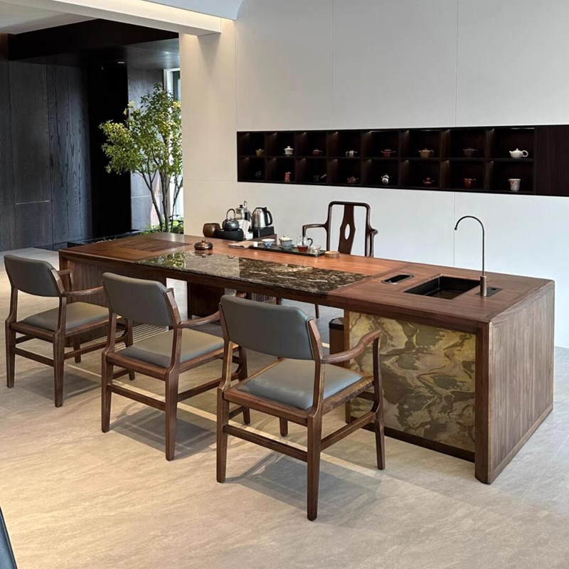 新中式黑胡桃木茶桌椅现代轻奢大气大理石泡茶台R办公商业喝茶两