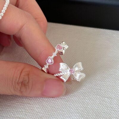 srrmhyn甜美粉色爱心锆石戒指女叠戴气质优雅开口指环网红