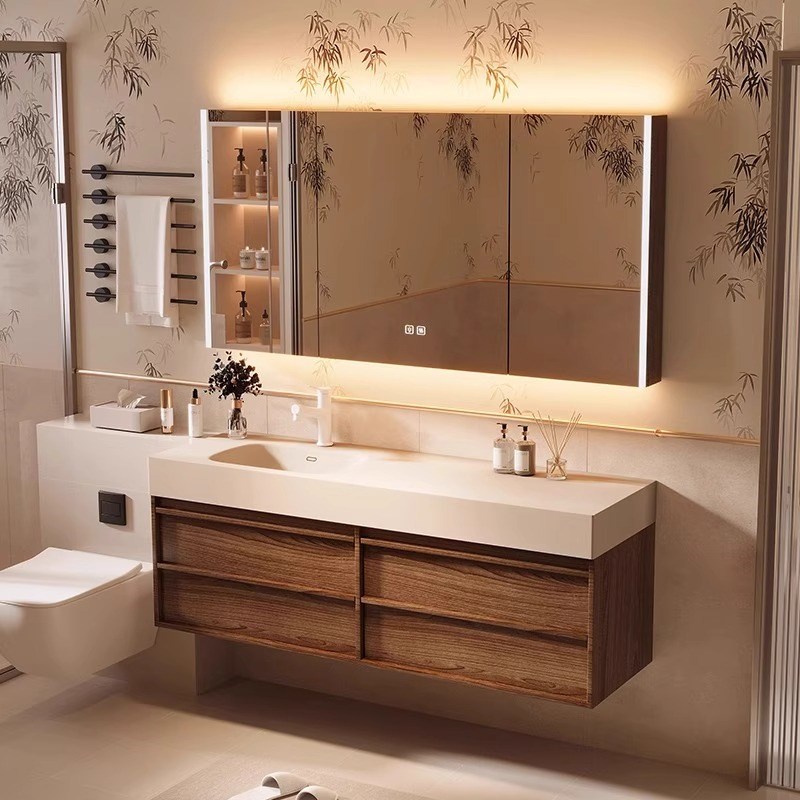 中古风浴室柜组合岩板热弯u陶瓷一体洗手脸台盆化妆室厕所洗漱定