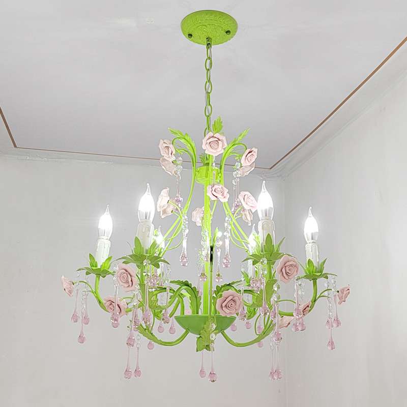 田园卧室花吊灯铁艺玫瑰客厅花灯公主房间灯小清新花朵水晶吊灯