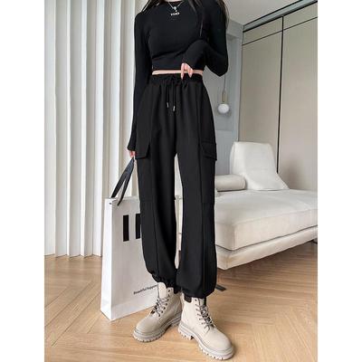 黑色休闲工装裤女春秋款美式复古小个子高腰宽松直筒阔腿裤子潮