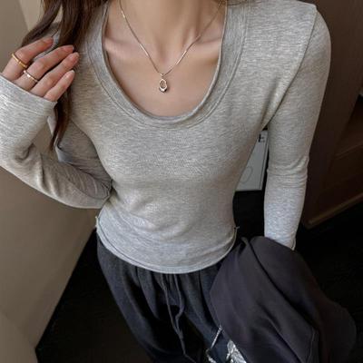 莫代尔纯欲U领设计感修身正肩长袖t恤上衣女秋冬季高级感打底衫