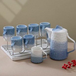 水杯家用客厅杯子石纹水具耐高温陶瓷杯釉下彩渐变蓝色冷水壶套装