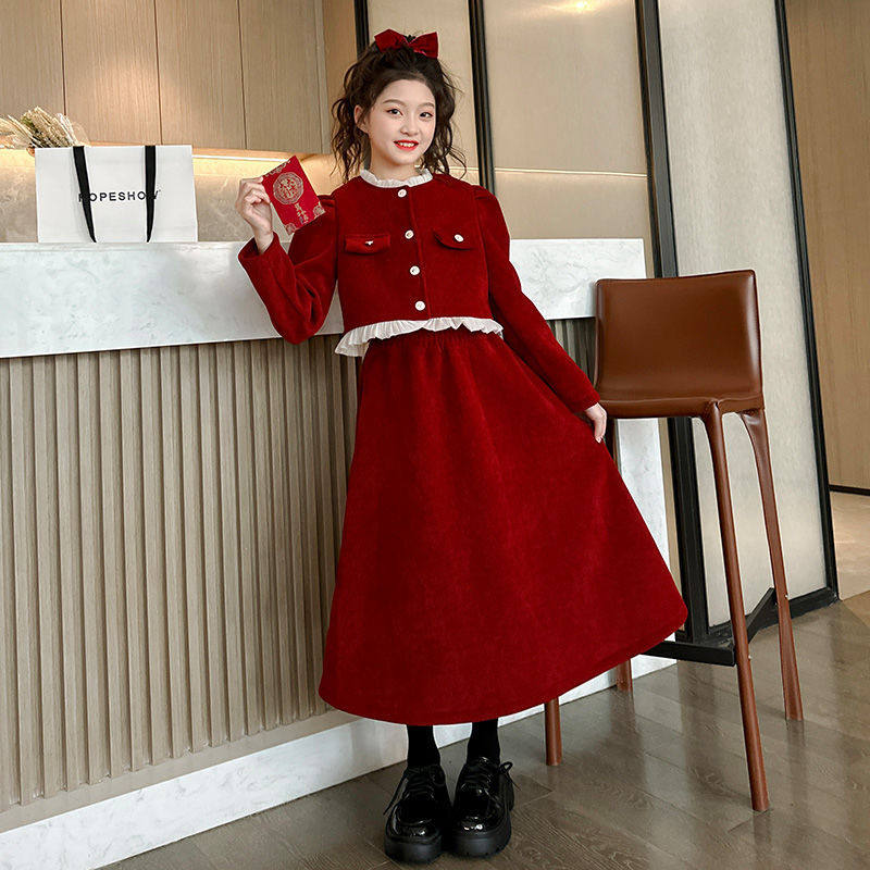女童小香风套装裙子秋冬中大儿童加厚洋气时髦红色新年装拜年衣服,童装/婴儿装/亲子装,儿童运动套装,淘宝优惠券,粉丝福利购,淘宝优惠卷