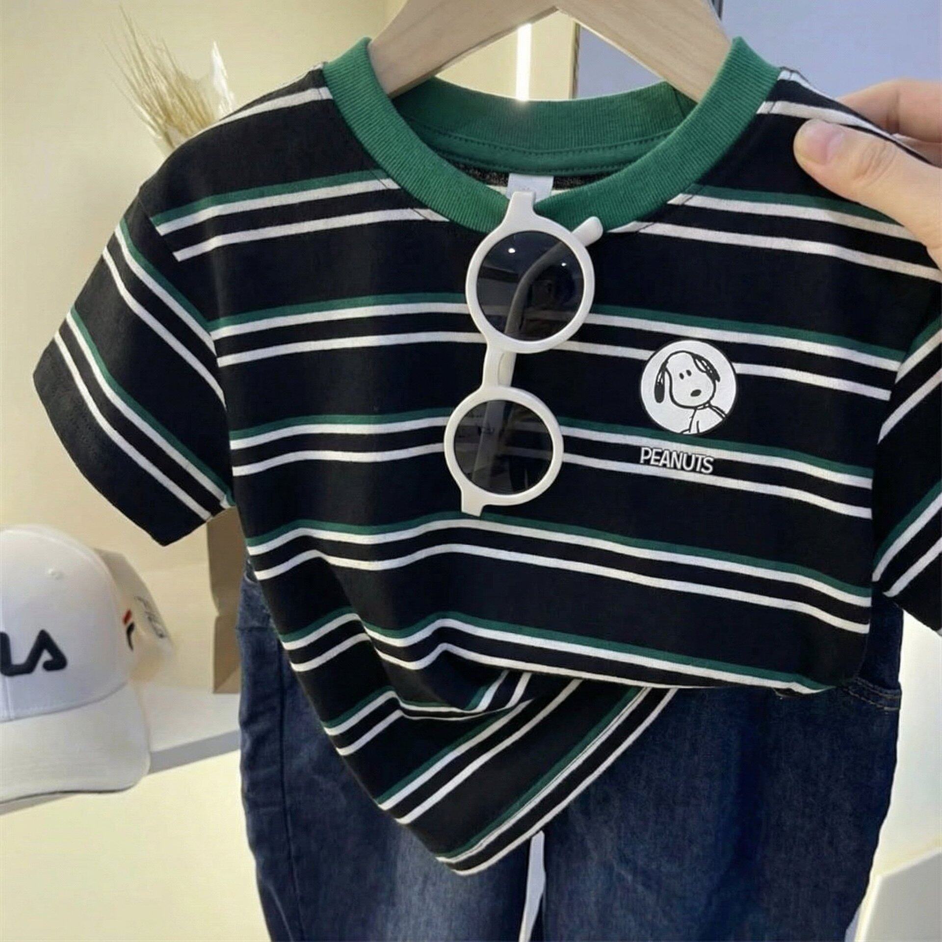 男童短袖T恤条纹撞色卡通小狗儿童夏装上衣圆领宝宝半袖t棉质可爱