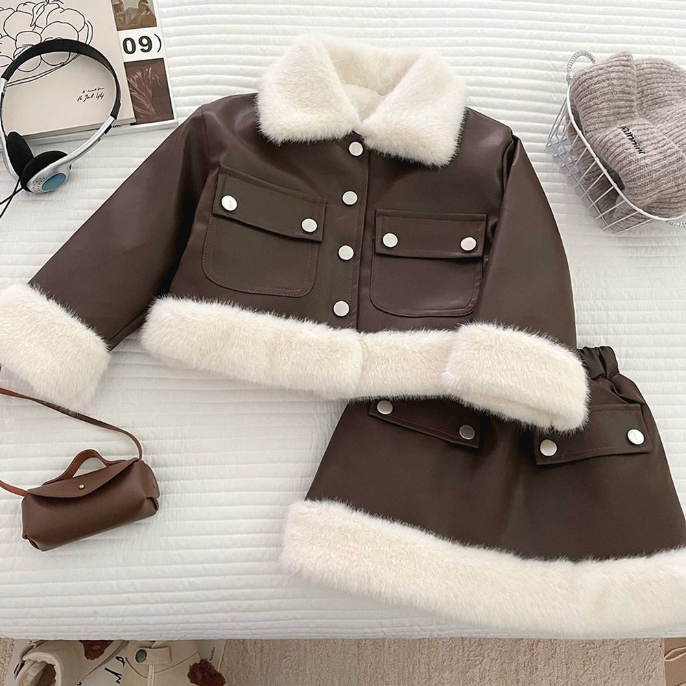 女童毛绒PU皮衣套装裙2026冬季新款女宝翻领加绒外套半身裙两件套,童装/婴儿装/亲子装,儿童运动套装,淘宝优惠券,粉丝福利购,淘宝优惠卷