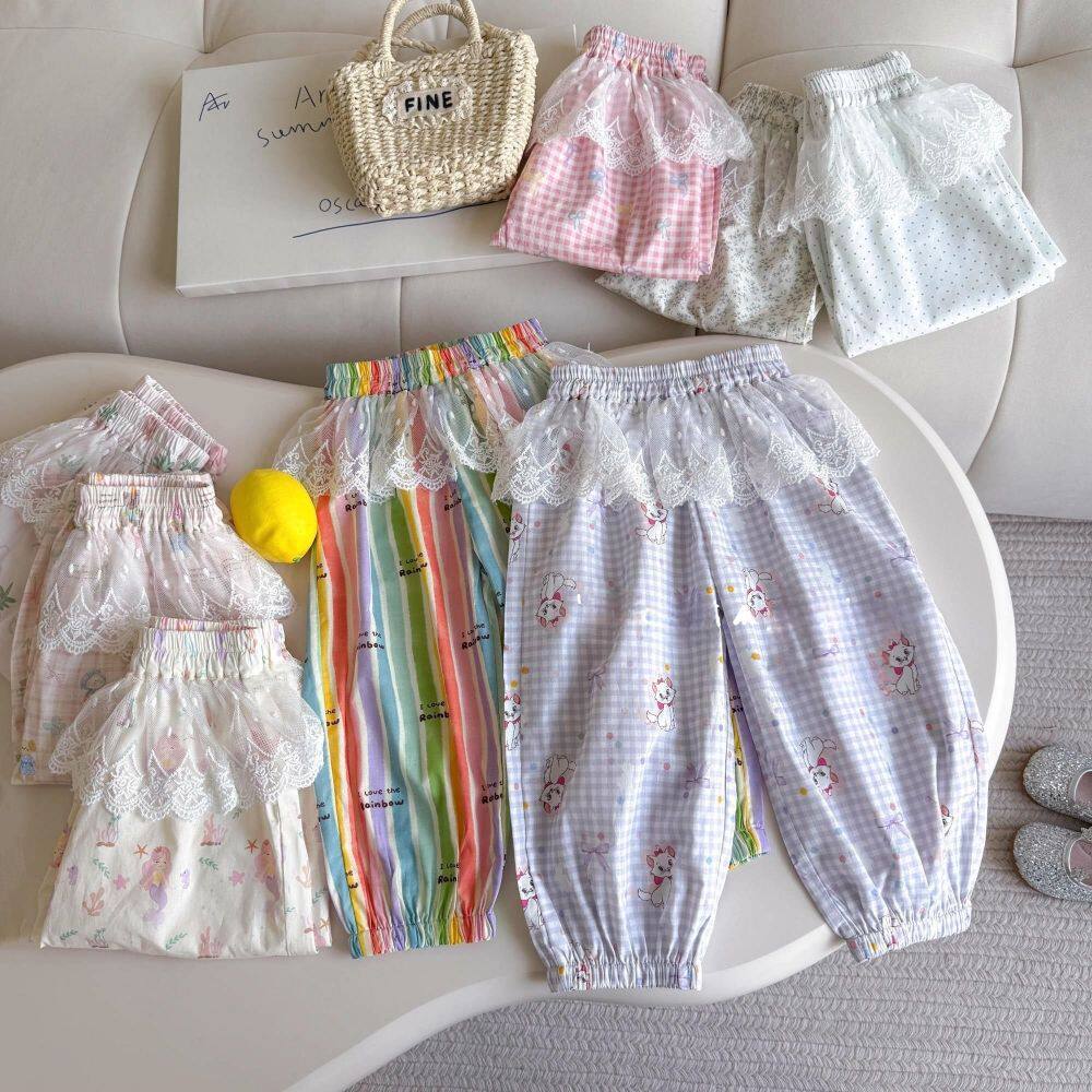 女童夏季裤子儿童宽松轻薄透气蕾丝花边防蚊裤女宝宝薄款休闲裤子